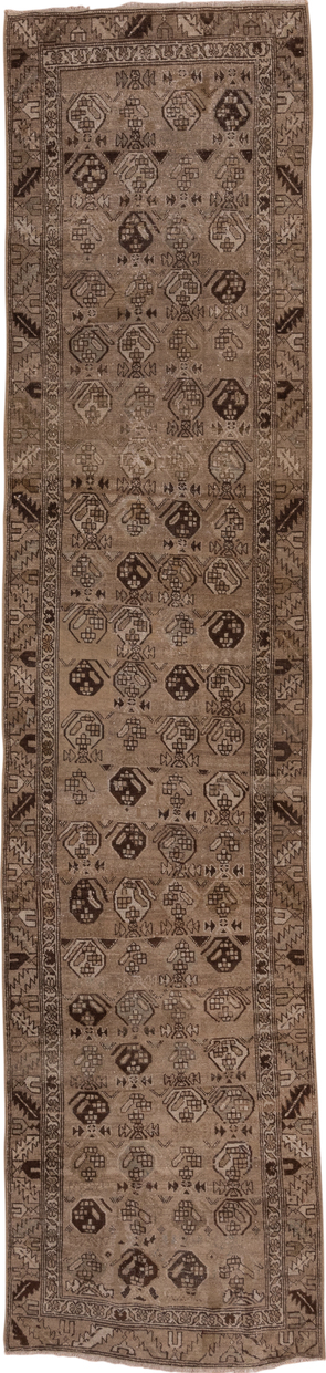 3' x 13' one-of-a-kind handmade vintage NW Persian runner rug. Color palette: brown, off-white, pink, snow, white