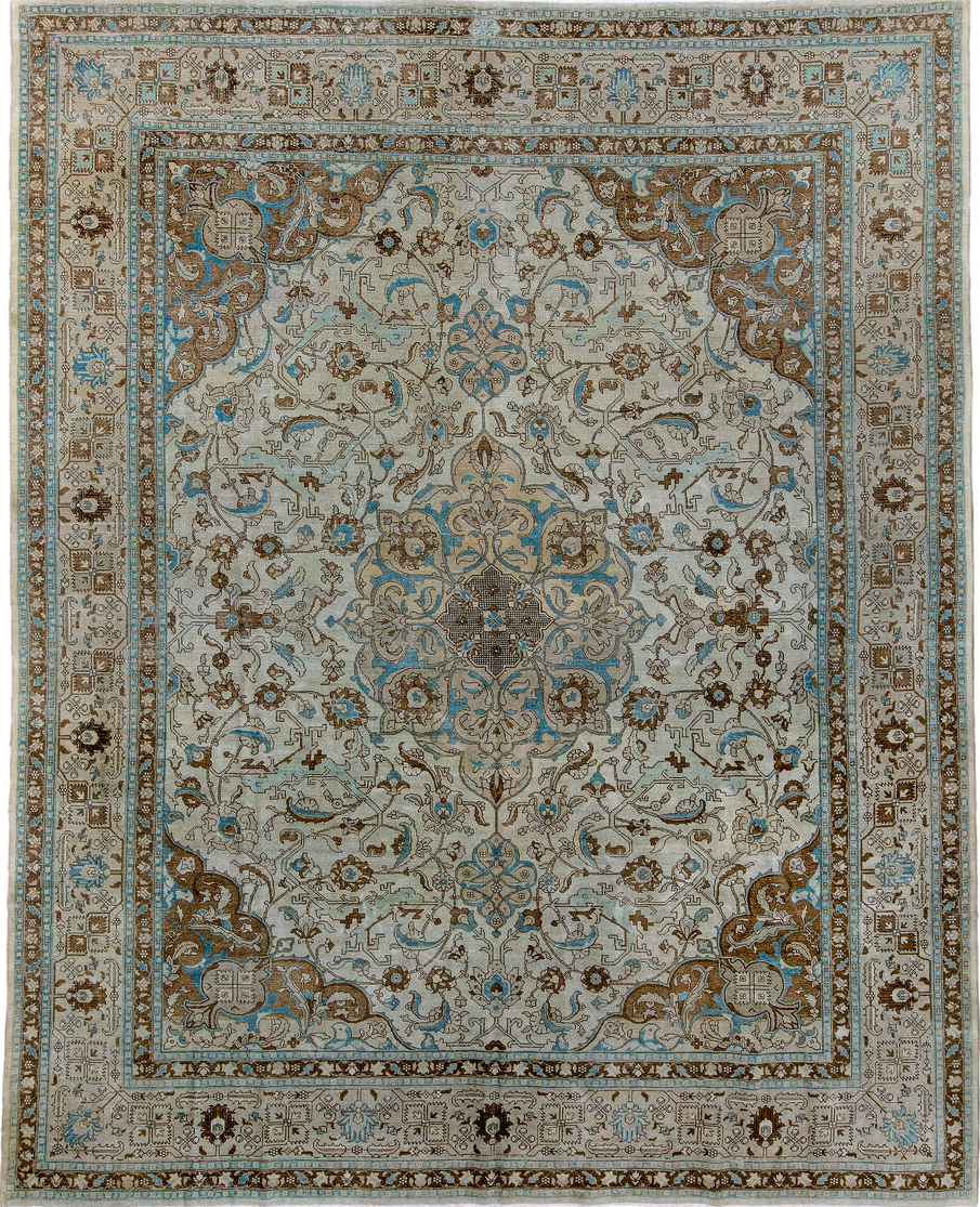 10' x 12' one-of-a-kind handmade vintage Tabriz large size rug. Color palette: arapawa, black, blue, brown, charcoal