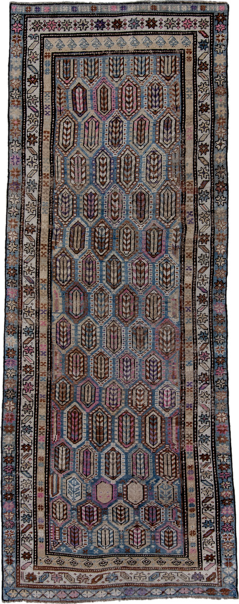 4' x 10' one-of-a-kind handmade vintage Karabagh runner rug. Color palette: blue, brown, gray, light gray, pink, red