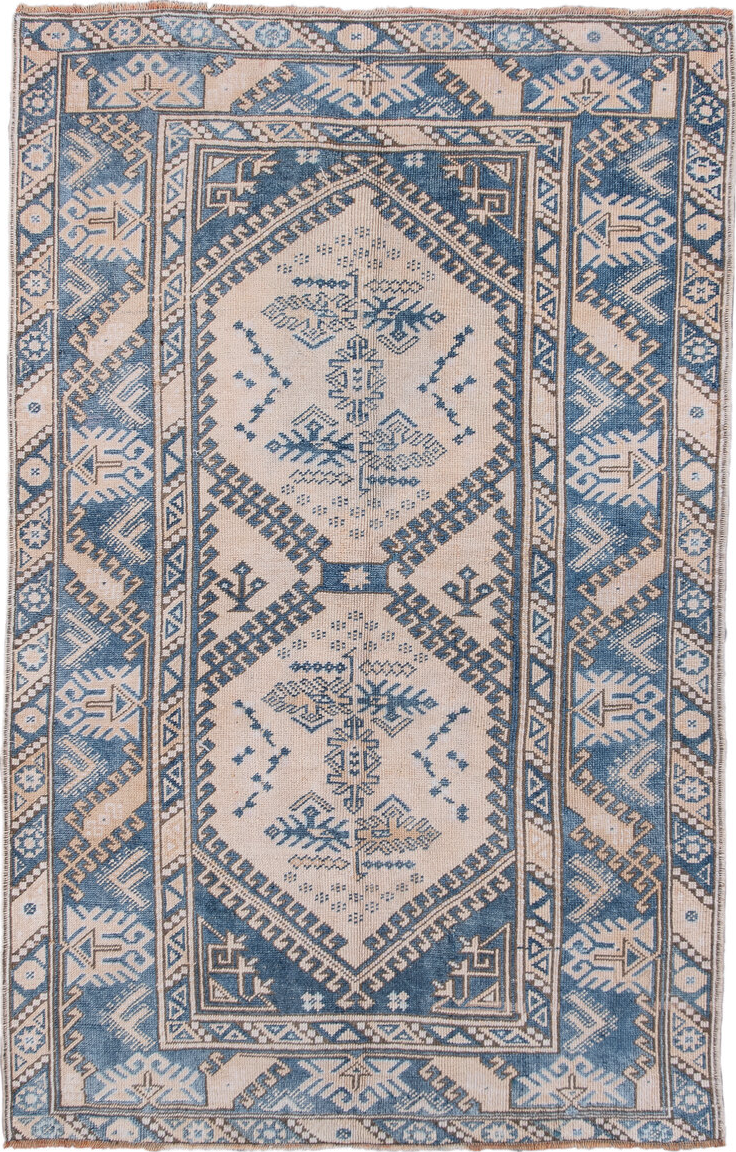 4' x 6' one-of-a-kind handmade vintage Oushak small size rug. Color palette: black, blue, charcoal, dark gray, fiord