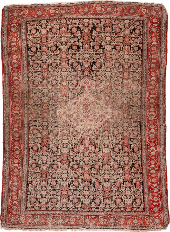 3' x 4' one-of-a-kind handmade vintage Senne small size rug. Color palette: brown, fire brick, pink, red, rosy brown