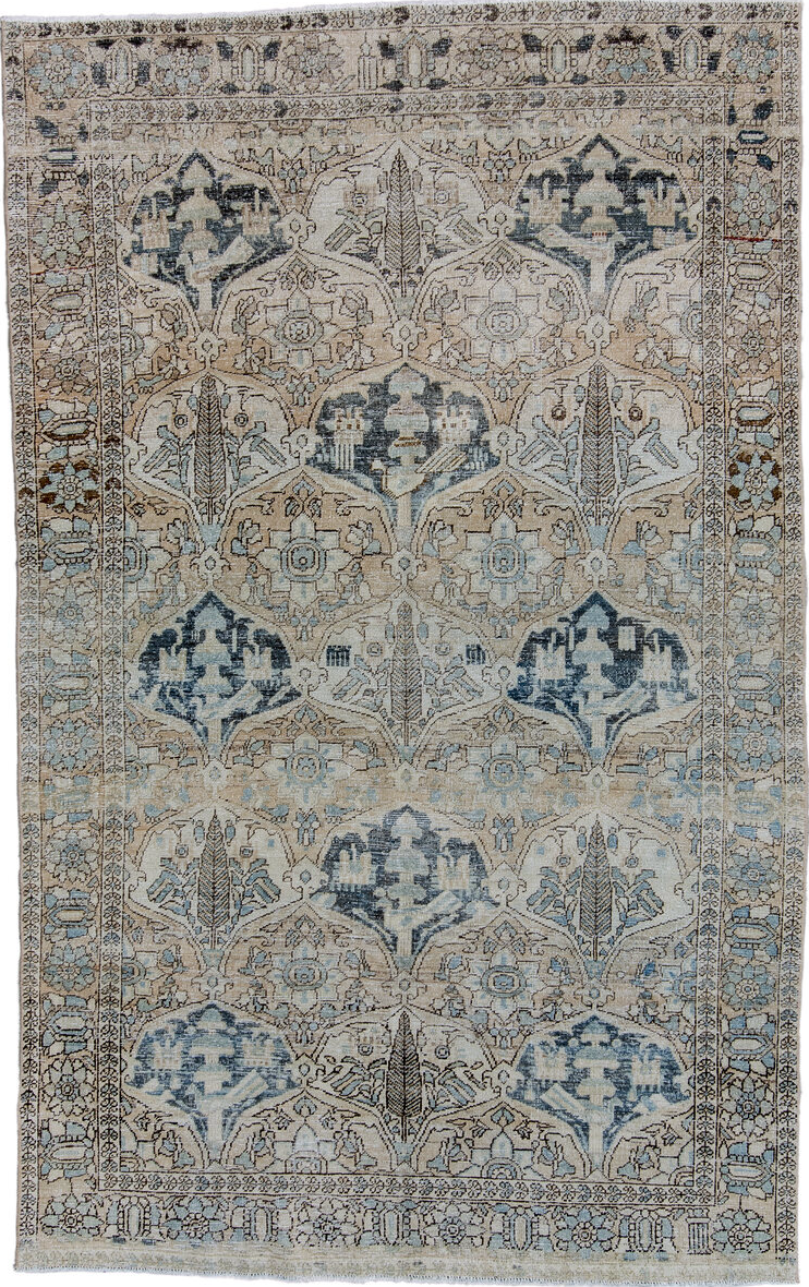 5' x 8' one-of-a-kind handmade vintage Baktiary medium size rug. Color palette: blue, dark gray, gray, light blue