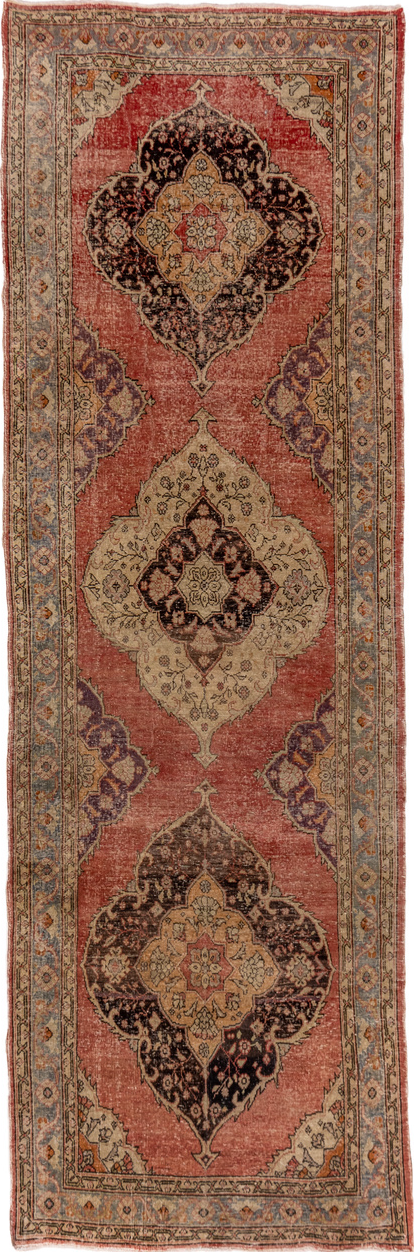4' x 14' one-of-a-kind handmade vintage Oushak runner rug. Color palette: brown, gray, orange, pink