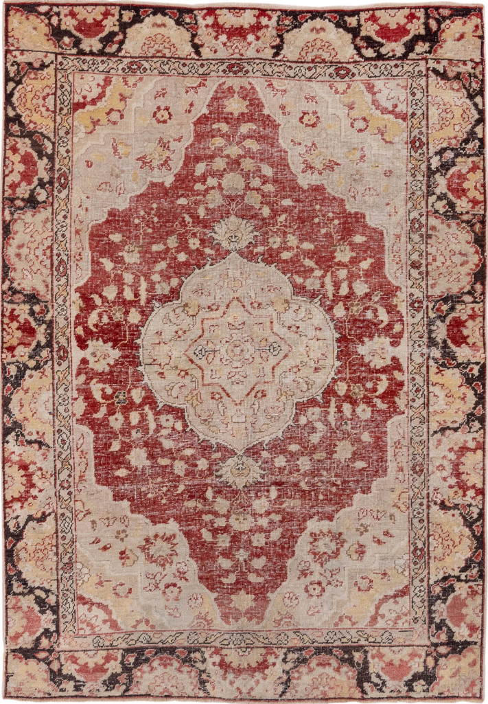 5' x 7' one-of-a-kind handmade vintage Oushak rug. Color palette: brown, gray, light gray, off-white, orange, pink, red