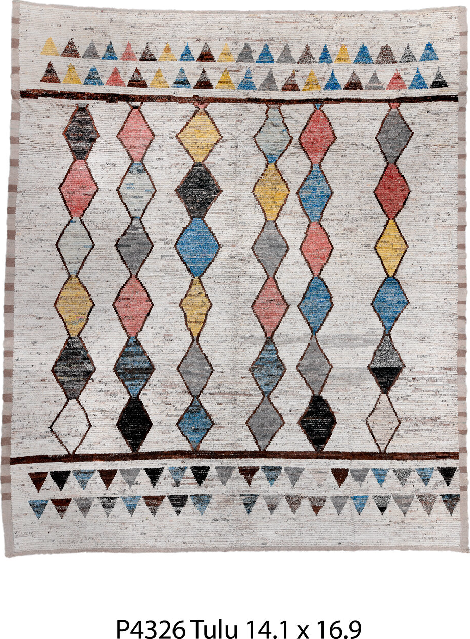 14' x 16' one-of-a-kind handmade vintage Tulu oversize rug. Color palette: black, blue, brown, dark gray, gainsboro, gray