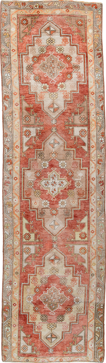 3' x 10' one-of-a-kind handmade vintage Anatol runner rug. Color palette: pink, brown, off-white, orange, red, gray