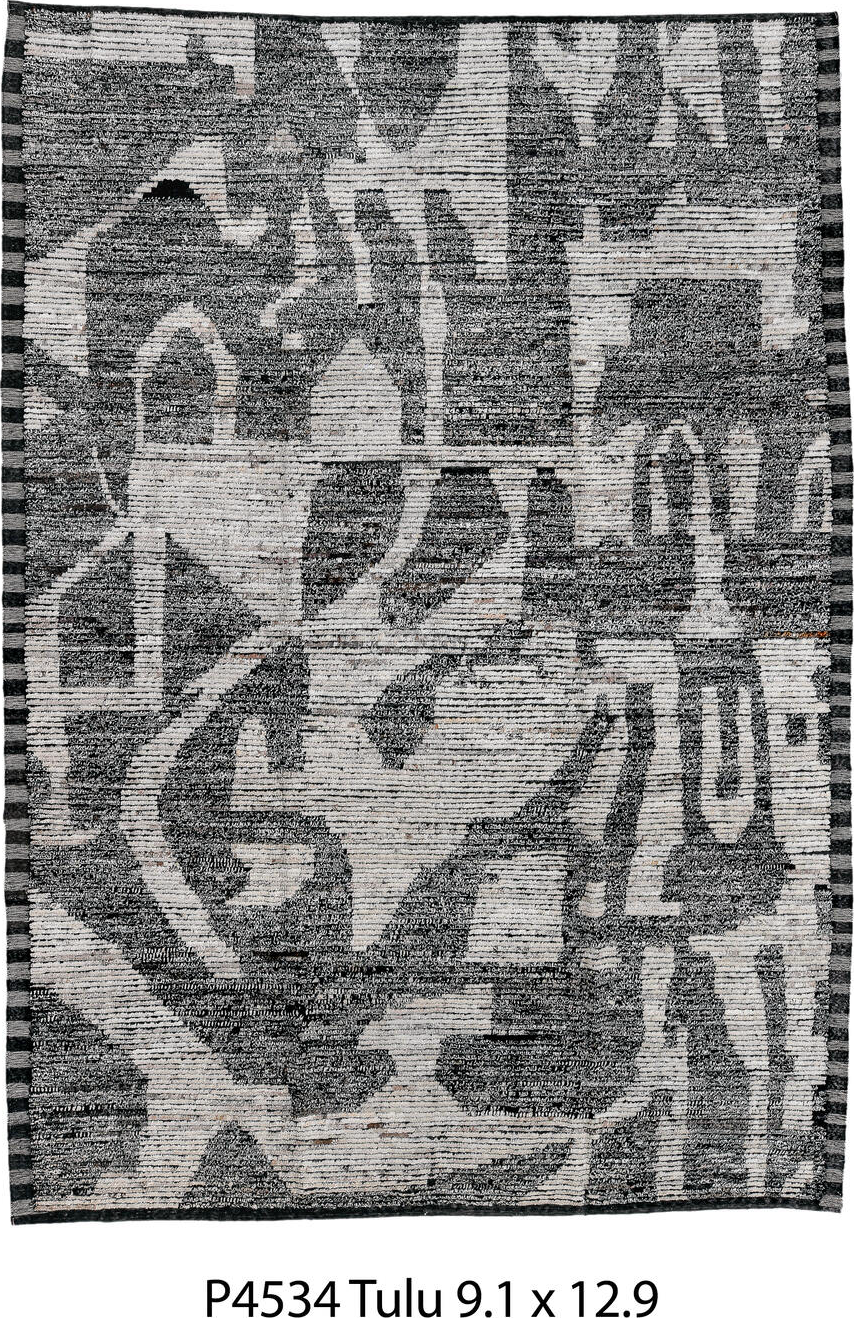 9' x 12' one-of-a-kind handmade vintage Tulu large size rug. Color palette: black, blue, charcoal, dark gray, dim gray