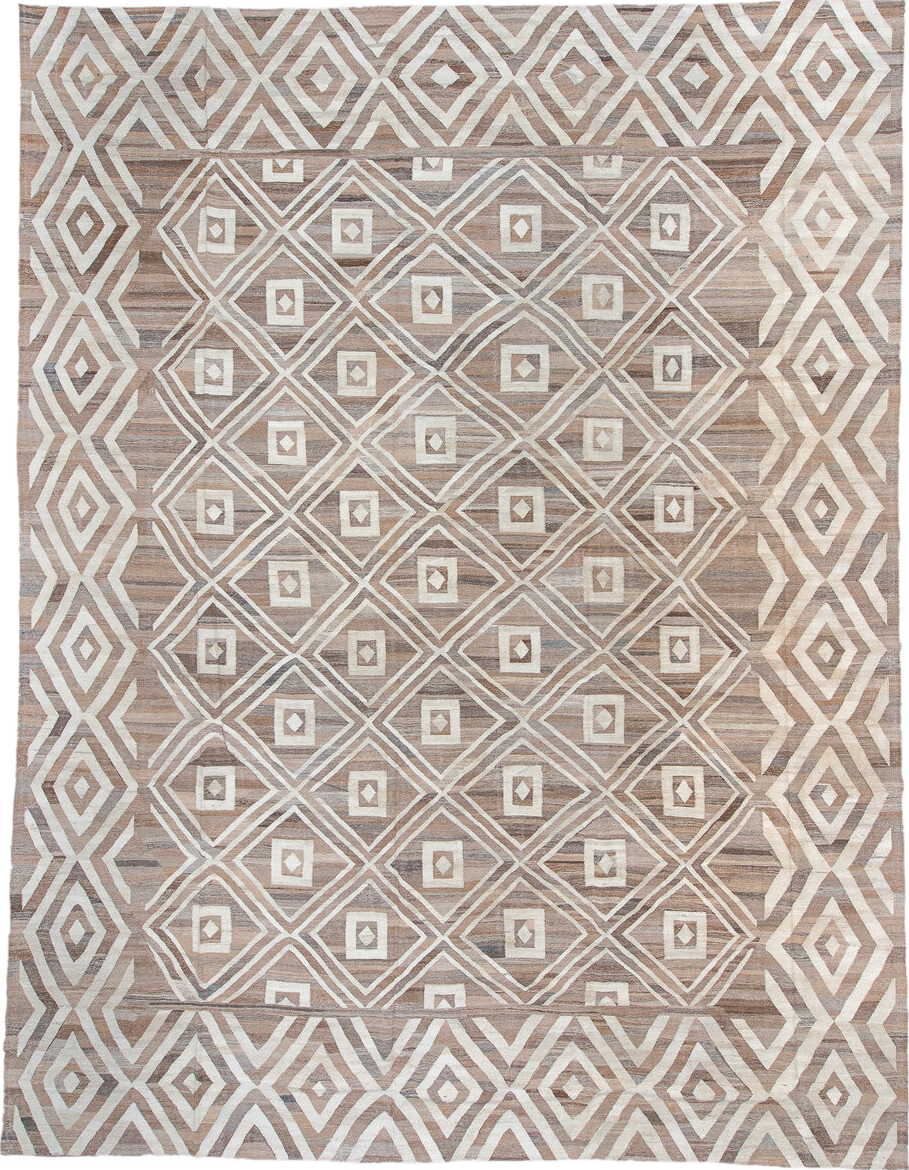 14' x 19' one-of-a-kind handmade vintage Kilim oversize rug. Color palette: black, brown, dark gray, gainsboro, gray