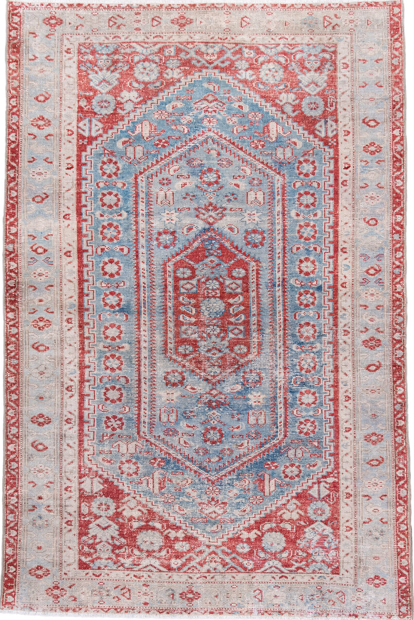4' x 6' one-of-a-kind handmade vintage Malayer small size rug. Color palette: blue, brown, gray, light gray