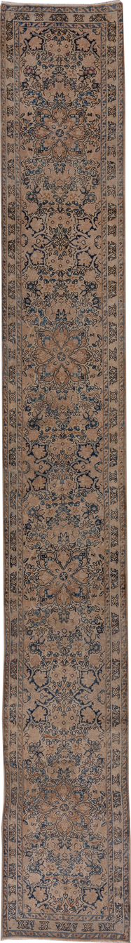 2' x 16' one-of-a-kind handmade vintage Kerman runner rug. Color palette: black, brown, charcoal, dim gray, gray, off-white