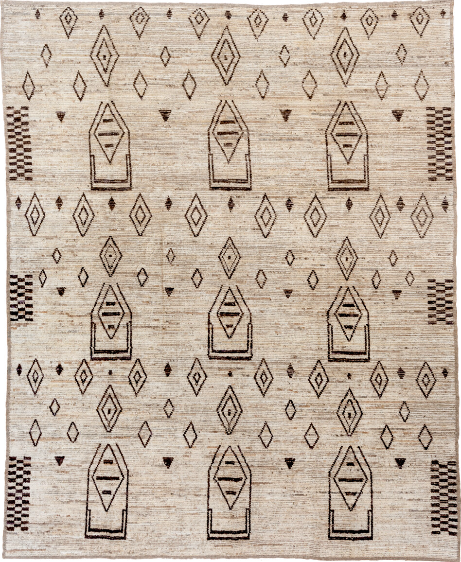 9' x 11' one-of-a-kind handmade vintage Tulu large size rug. Color palette: antiquewhite, black, brown, gray, light gray