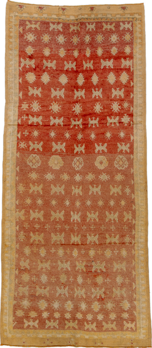 4' x 10' one-of-a-kind handmade vintage Moroccan runner rug. Color palette: brown, off-white, orange, red, sienna, tan