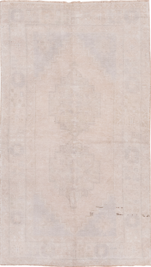 3' x 6' one-of-a-kind handmade vintage Oushak small size rug. Color palette: brown, gray, light gray, off-white, pink, snow