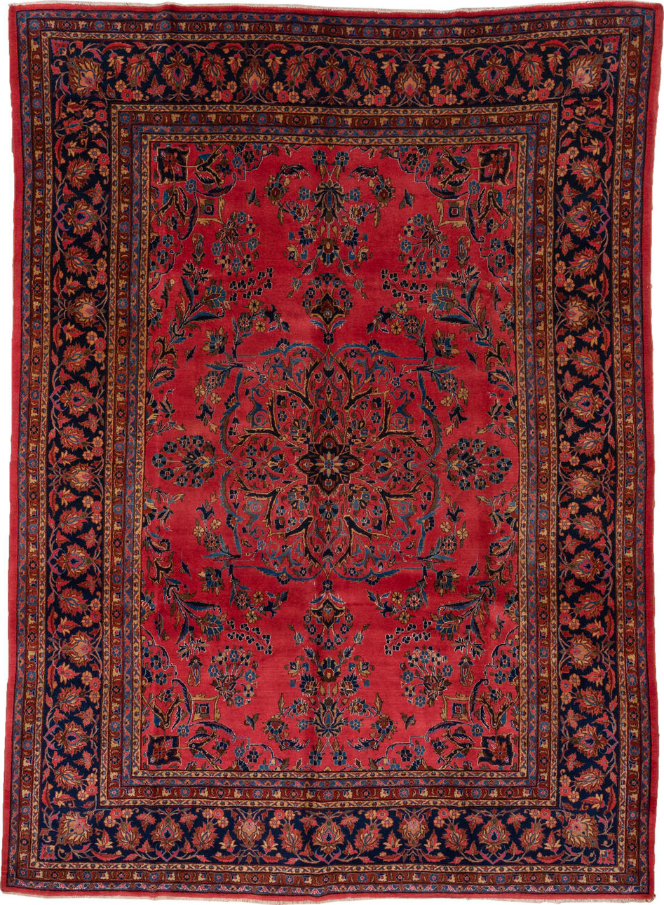 8' x 12' one-of-a-kind handmade vintage Kashan large size rug. Color palette: blue, brown, gray, pink, red