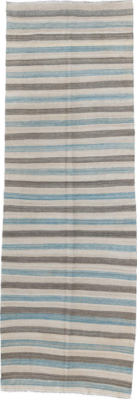 3' x 9' one-of-a-kind handmade vintage Kilim runner rug. Color palette: gray, light gray, off-white, pink, dark gray, silver