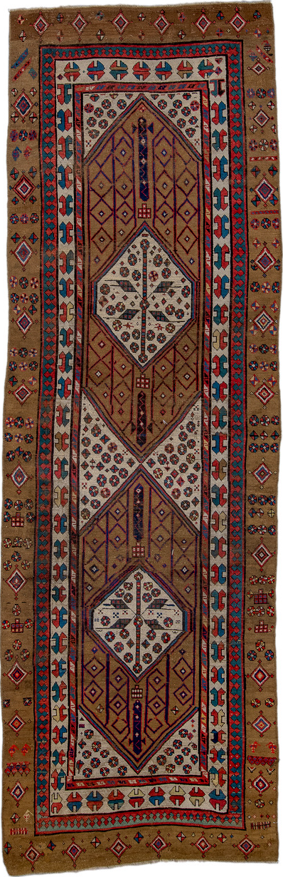 3' x 12' one-of-a-kind handmade vintage Sarab runner rug. Color palette: arapawa, blue, brown, gray, pink, red