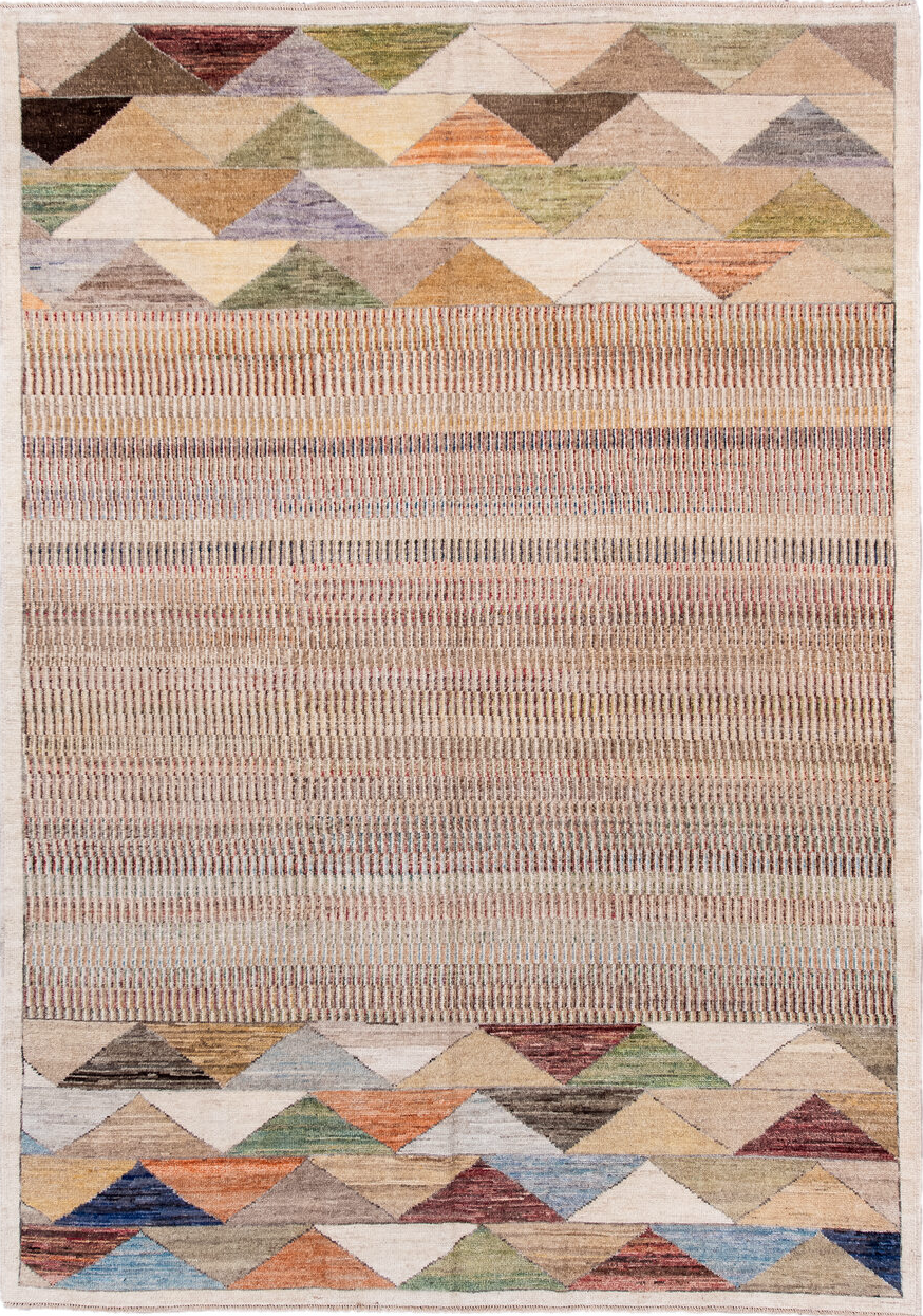 6' x 8' one-of-a-kind handmade vintage Contemporary medium size rug. Color palette: blue, brown, gray, light slate gray