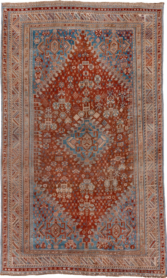 5' x 9' one-of-a-kind handmade vintage Qashqai medium size rug. Color palette: arapawa, blue, brown, dark gray, gray