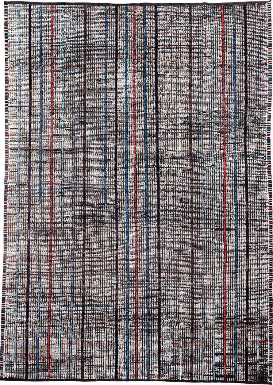 10' x 14' one-of-a-kind handmade vintage Tulu large size rug. Color palette: black, blue, brown, charcoal, dark gray