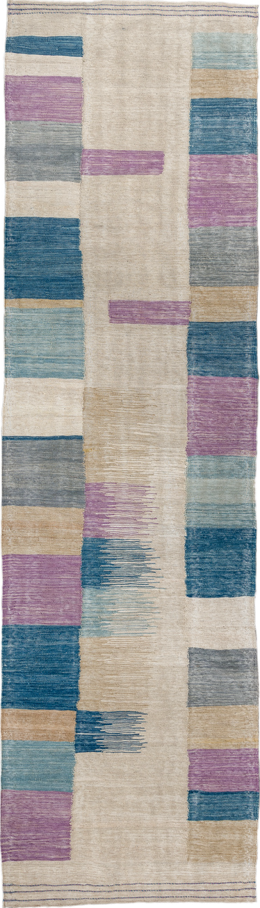 2' x 9' one-of-a-kind handmade vintage Kilim runner rug. Color palette: blue, brown, dark gray, dim gray, gray, light gray