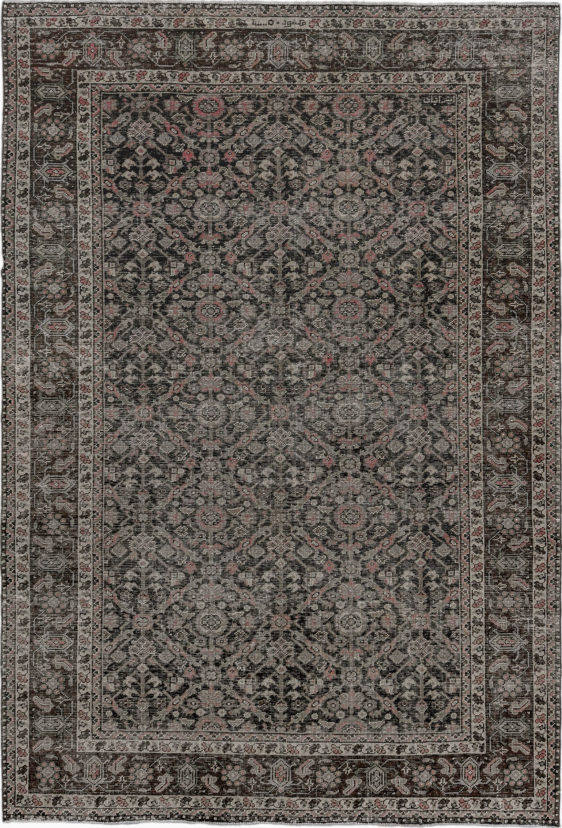 6' x 9' one-of-a-kind handmade vintage Mahal medium size rug. Color palette: gray, black, pink, off-white, light gray, brown