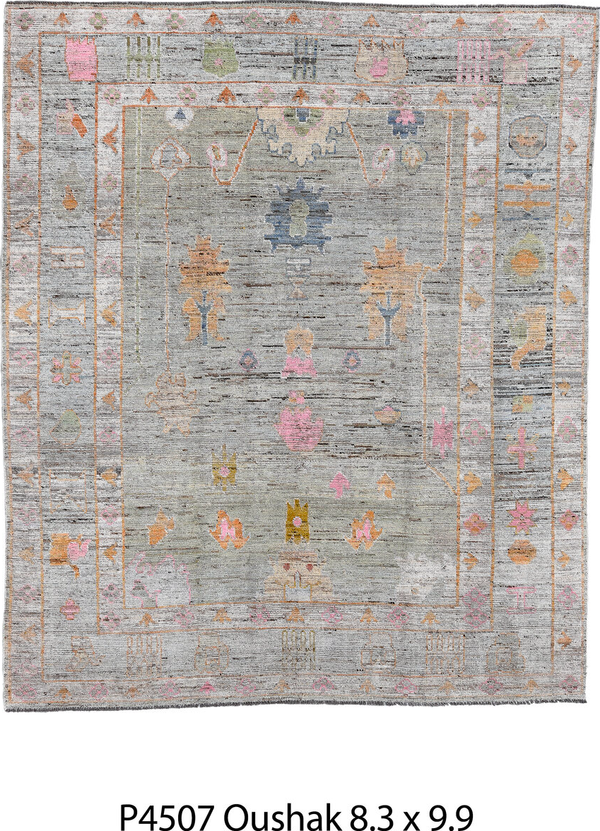 8' x 9' one-of-a-kind handmade vintage Oushak rug. Color palette: black, brown, charcoal, dark gray, gray, light gray