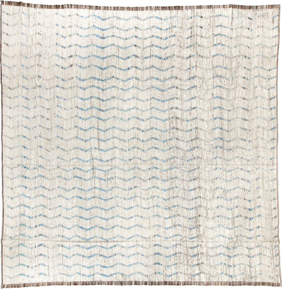 12' x 12' one-of-a-kind handmade vintage Tulu oversize rug. Color palette: blue, brown, gainsboro, gray, light blue