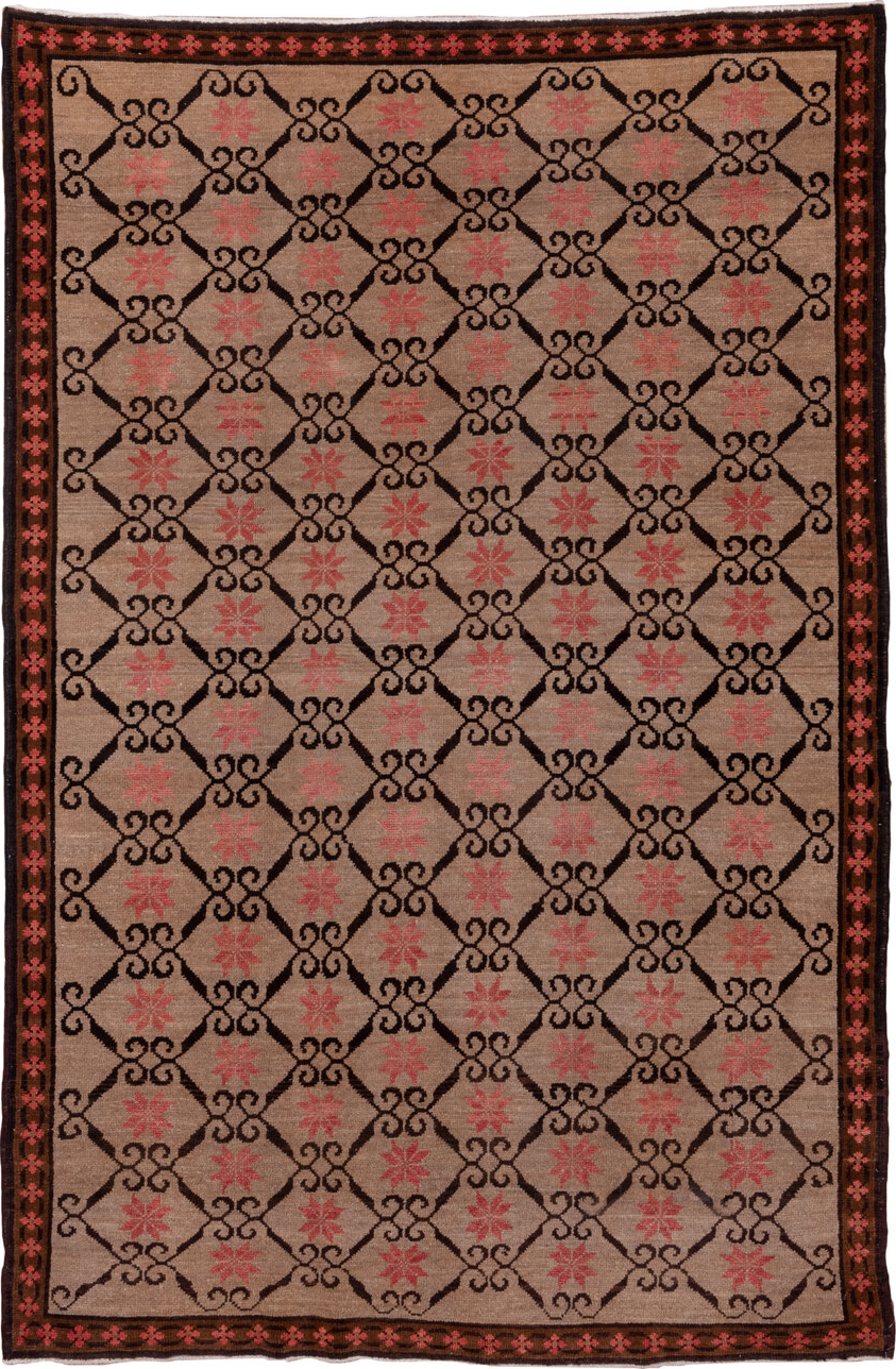 6' x 9' one-of-a-kind handmade vintage Kars medium size rug. Color palette: brown, pink