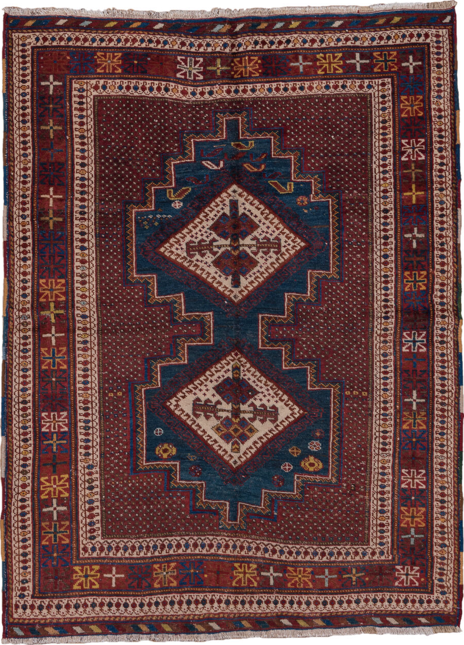 4' x 5' one-of-a-kind handmade vintage Afshar small size rug. Color palette: black, blue, brown, dim gray, gray, light gray