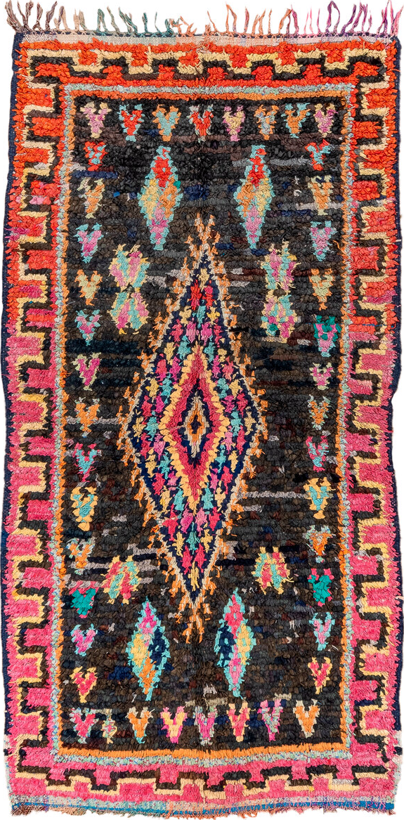 4' x 8' one-of-a-kind handmade vintage Rag Rug rug. Color palette: black, blue, brown, fiord, gray, green, orange, pink, red