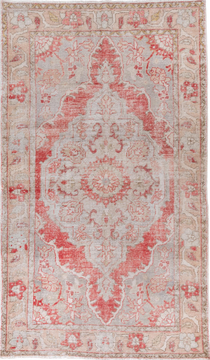 5' x 9' one-of-a-kind handmade vintage Oushak medium size rug. Color palette: gray, light gray, off-white, pink, red