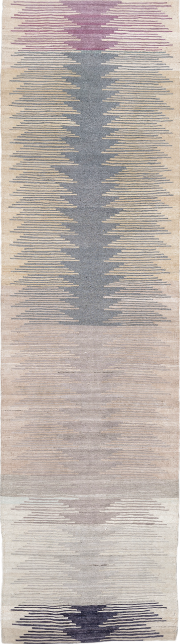 2' x 9' one-of-a-kind handmade vintage Kilim runner rug. Color palette: blue, dim gray, gray, light gray, off-white, pink