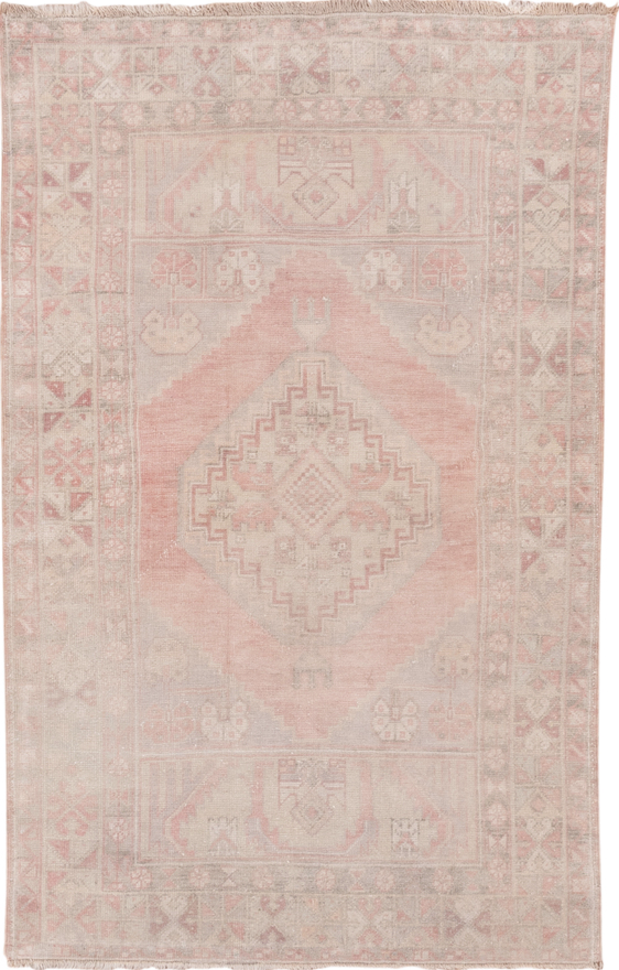 3' x 5' one-of-a-kind handmade vintage Oushak small size rug. Color palette: brown, gray, light gray, off-white, pink, snow