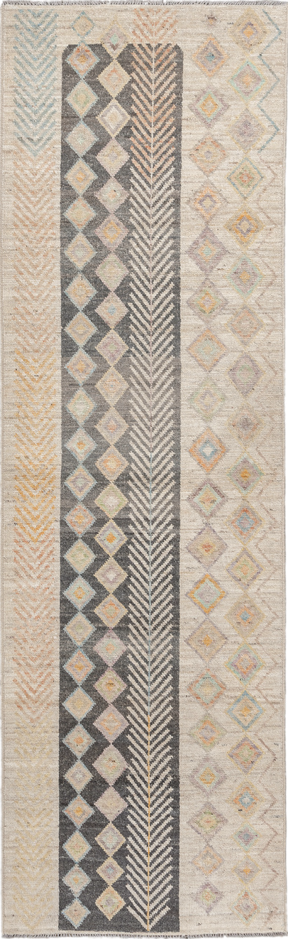 3' x 9' one-of-a-kind handmade vintage Kilim runner rug. Color palette: brown, gray, off-white, light gray, black, orange
