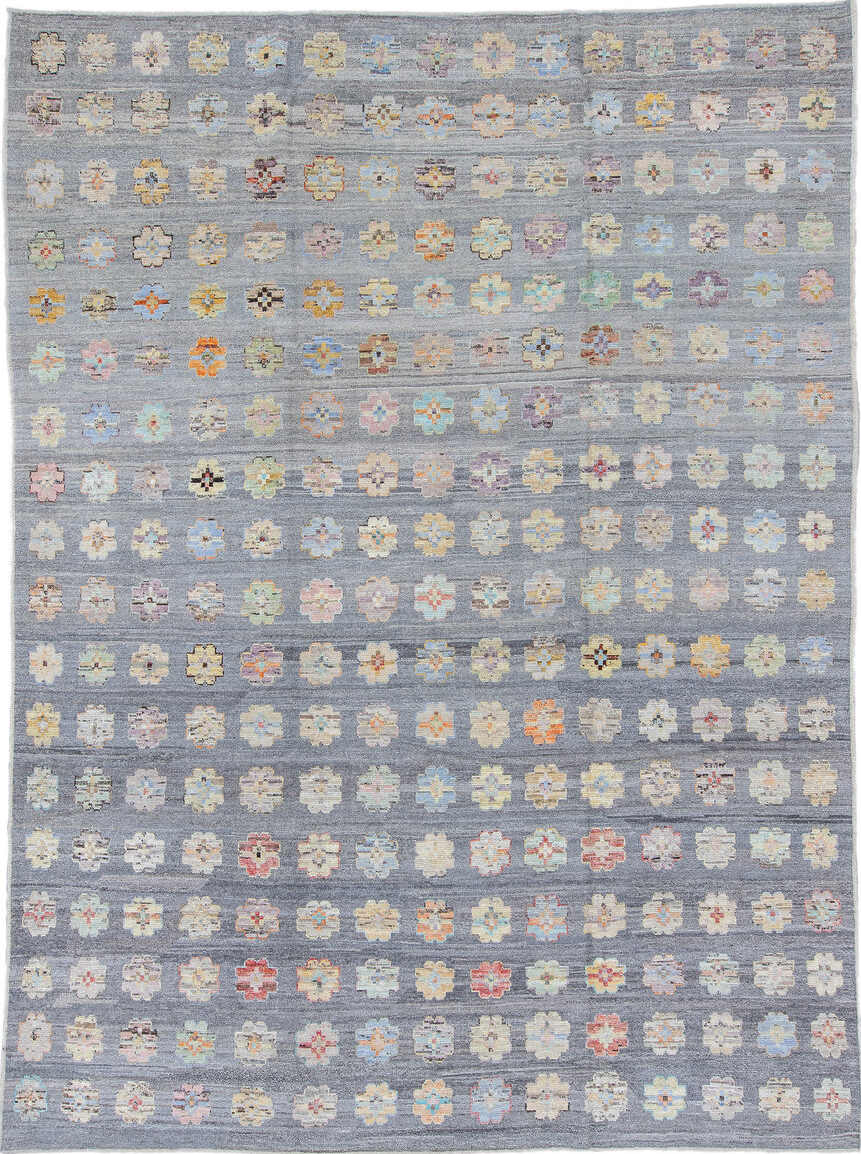 10' x 13' one-of-a-kind handmade vintage Tulu large size rug. Color palette: black, blue, brown, burlywood, dark gray