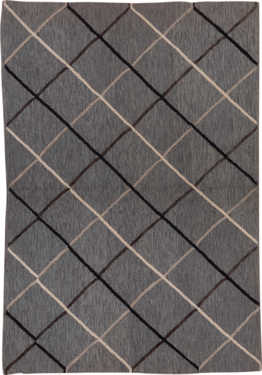 3' x 5' one-of-a-kind handmade vintage Kilim small size rug. Color palette: black, dark gray, dim gray, gray, light gray