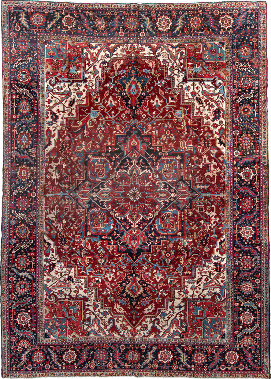 9' x 13' one-of-a-kind handmade vintage Heriz large size rug. Color palette: gray, blue, brown, red, pink, off-white, black