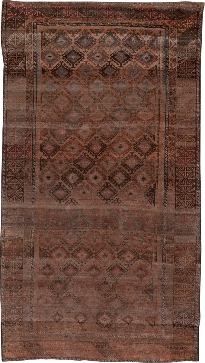6' x 12' one-of-a-kind handmade vintage Belouch large size rug. Color palette: brown, gray, pink