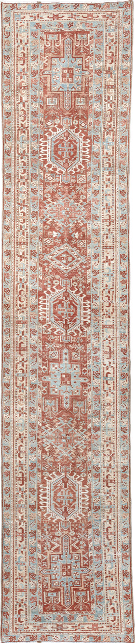 2' x 14' one-of-a-kind handmade vintage Heriz runner rug. Color palette: brown, dark gray, floral white, gainsboro, gray