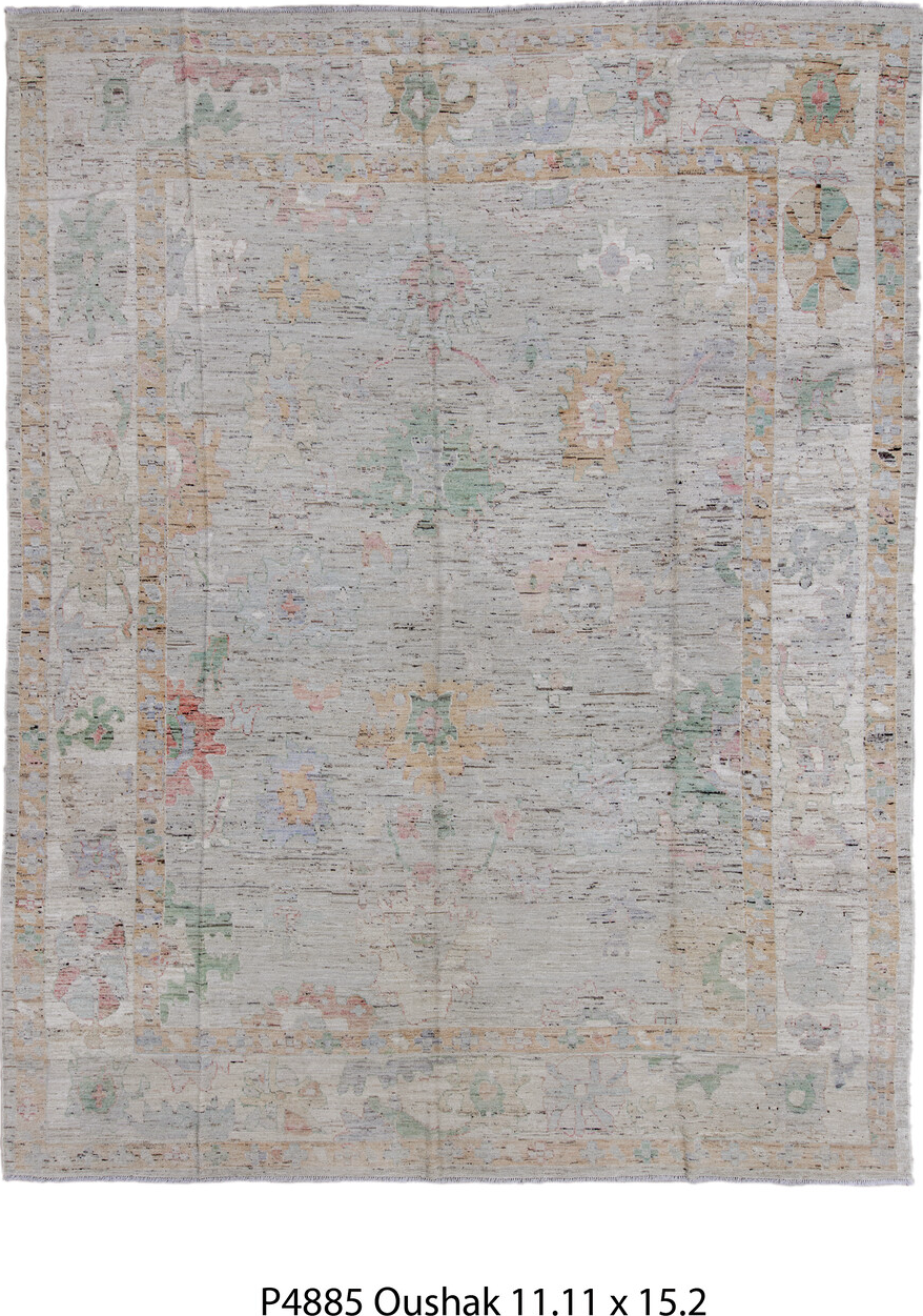 11' x 15' one-of-a-kind handmade vintage Oushak oversize rug. Color palette: black, brown, charcoal, dim gray, gray