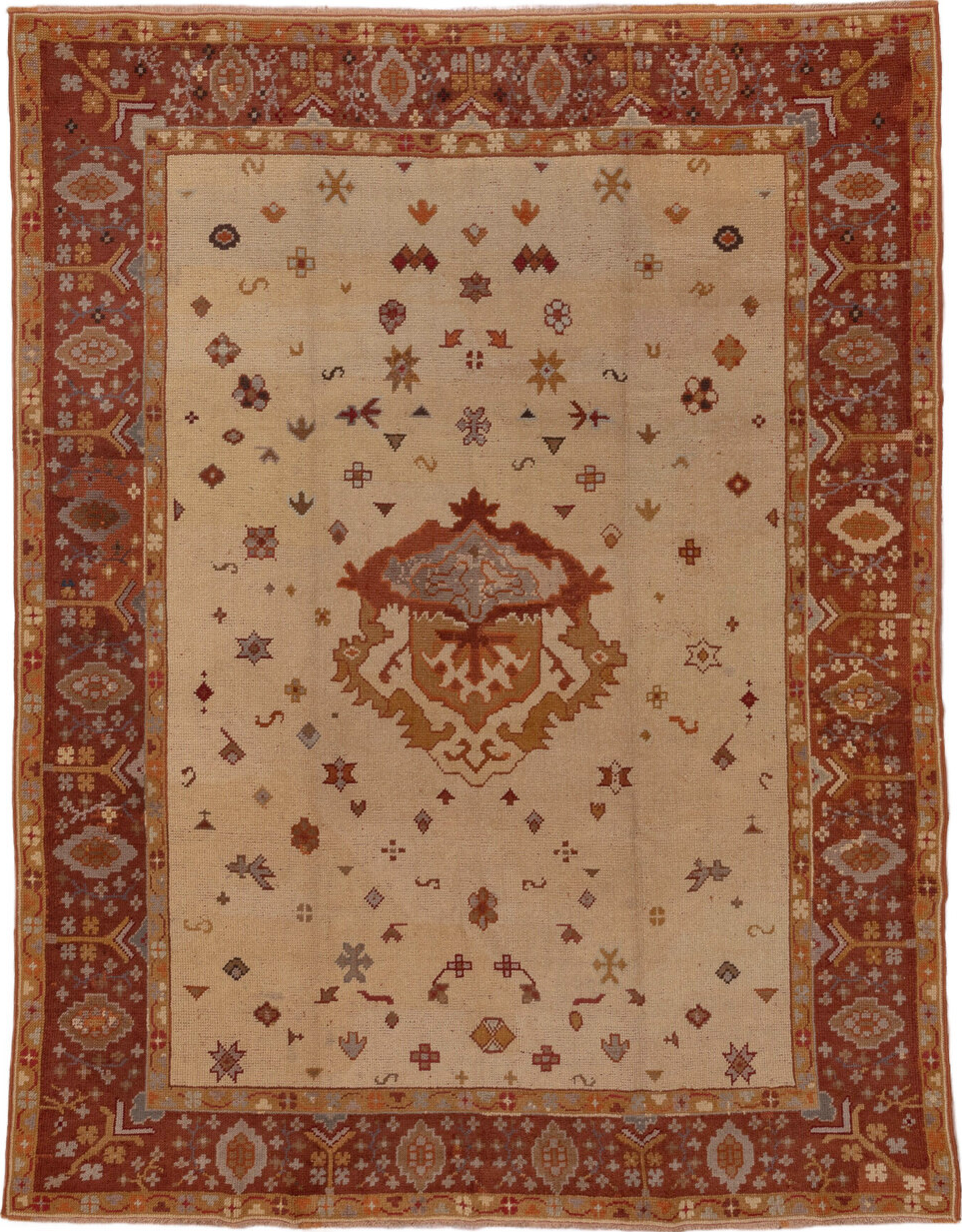 8' x 10' one-of-a-kind handmade vintage Oushak large size rug. Color palette: brown, gray, light gray, pink, red, sienna