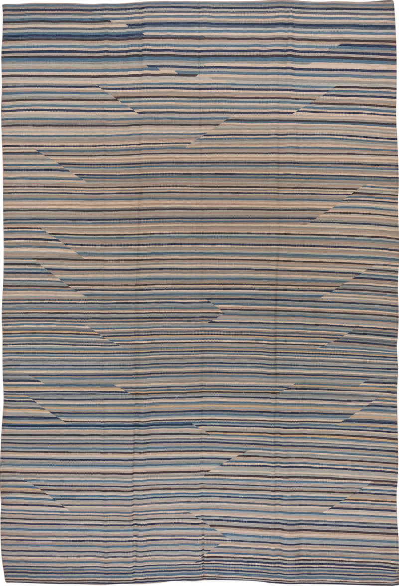 7' x 10' one-of-a-kind handmade vintage Kilim large size rug. Color palette: black, blue, brown, dark gray, dim gray, gray