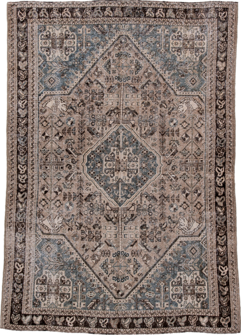 5' x 7' one-of-a-kind handmade vintage Shiraz rug. Color palette: black, blue, brown, charcoal, dim gray, gray, light gray