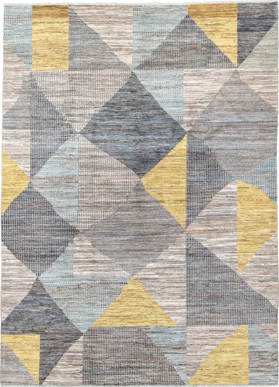 7' x 9' one-of-a-kind handmade vintage Modern rug. Color palette: brown, dark gray, dim gray, gainsboro, gray, light gray