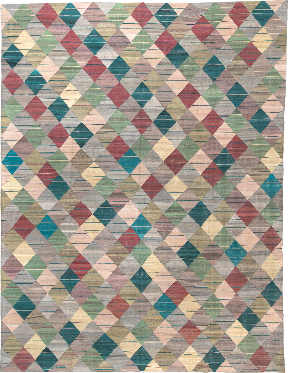 13' x 17' one-of-a-kind handmade vintage Tulu oversize rug. Color palette: off-white, orange, green, blue, gray, light gray