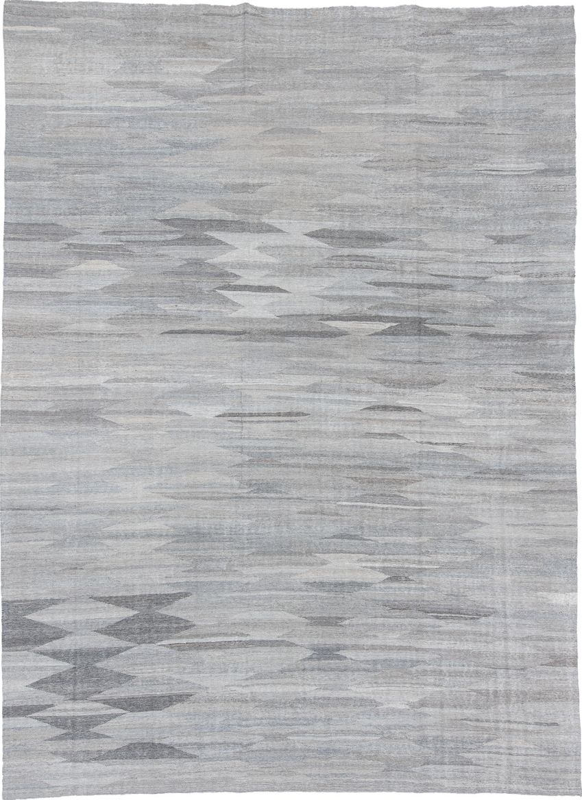 9' x 12' one-of-a-kind handmade vintage Kilim large size rug. Color palette: blue, dark gray, dim gray, gray, light blue