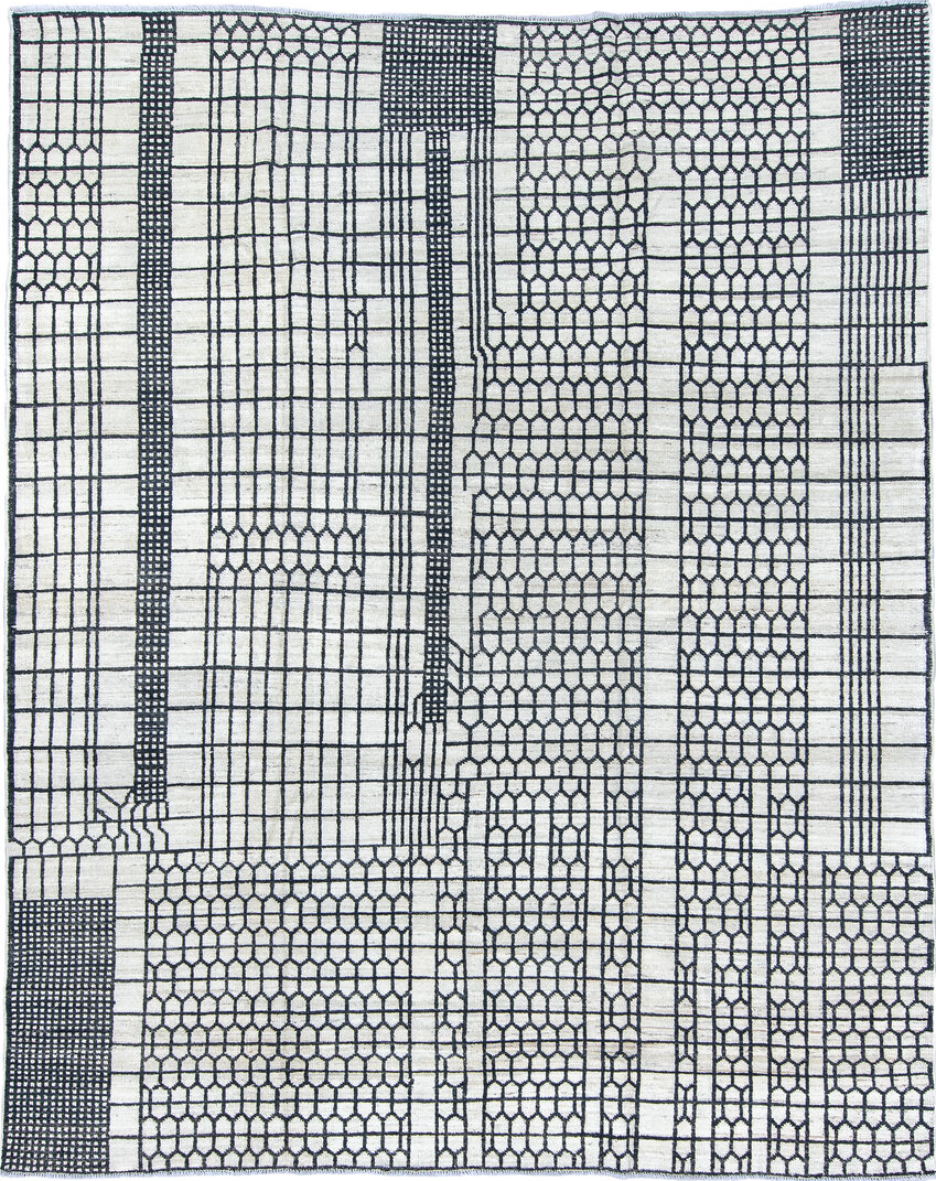 8' x 10' one-of-a-kind handmade vintage Tulu large size rug. Color palette: black, blue, dark gray, gainsboro, gray