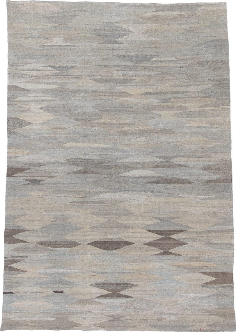 8' x 12' one-of-a-kind handmade vintage Kilim large size rug. Color palette: black, blue, charcoal, dark gray, dim gray