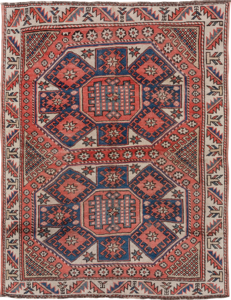 4' x 6' one-of-a-kind handmade vintage Oushak small size rug. Color palette: blue, brown, dim gray, fiord, gray, off-white