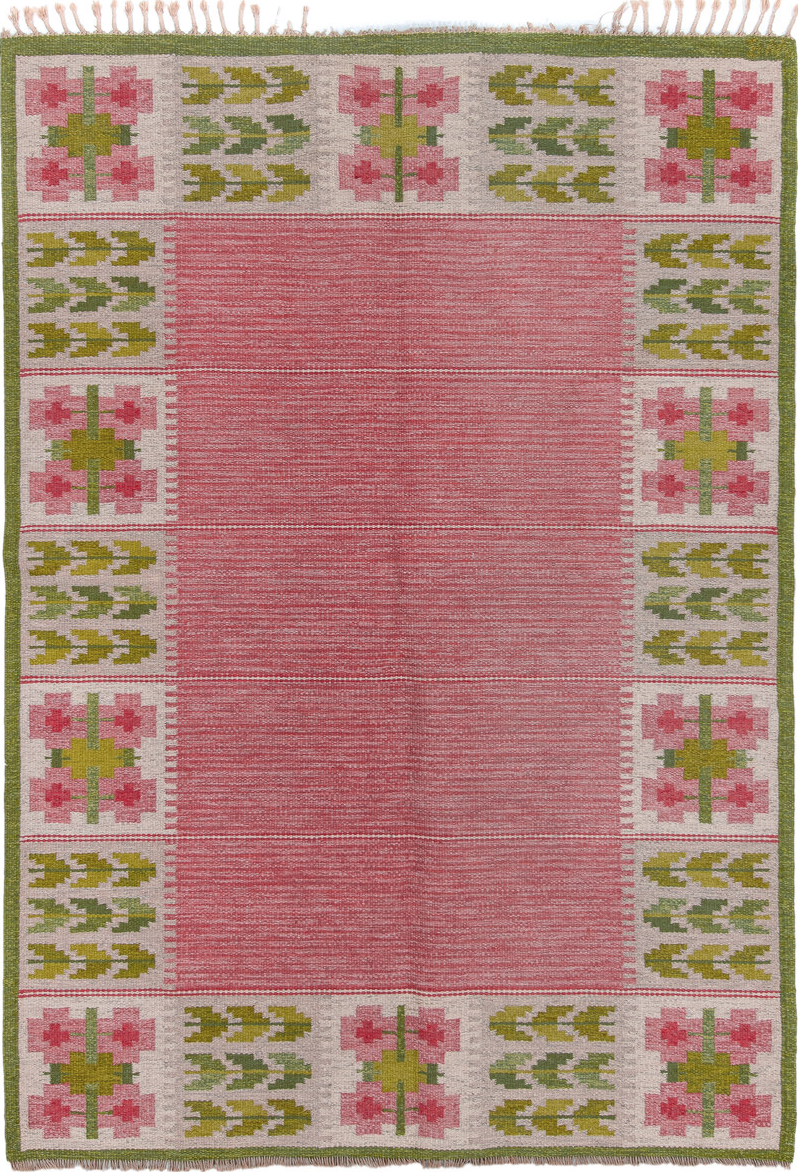 6' x 9' one-of-a-kind handmade vintage Rollaken medium size rug. Color palette: brown, gray, light gray, off-white, pink